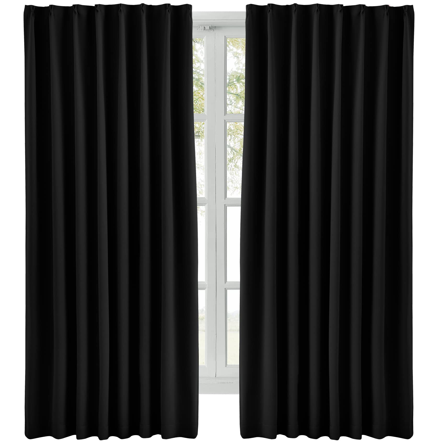 Rakuten - Hansleep カーテン 1級遮光 2枚組 ブラック 幅100cm丈140cm 小窓 断熱 防寒 防音 省エネ 厚手 無地 おしゃれ 洗える 寝室 リビング用 (ブラック, 幅100cm×丈140cm)