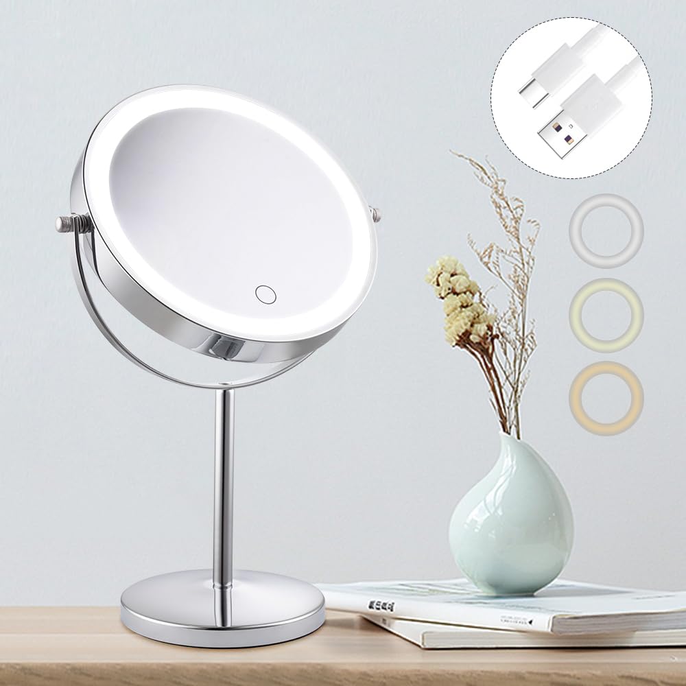 Cerdeco LEDライティングミラー LED両面卓上鏡 真実の両面鏡DX 卓上両面鏡 卓上ミラー USB充電式 タッチパネル操作 明るさ調節可能 等倍鏡&1...