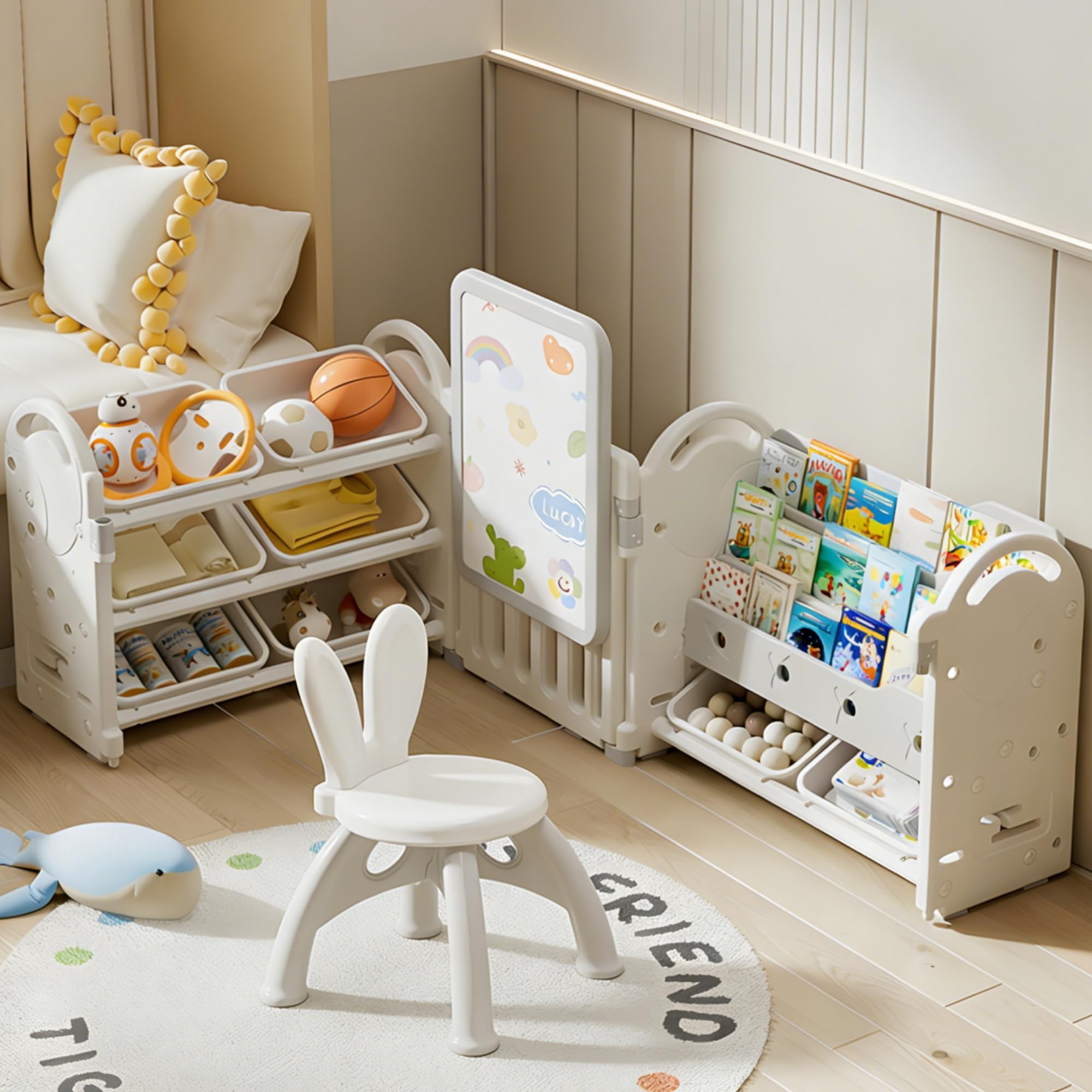 Rakuten - OSJ 絵本棚 おもちゃラック ホワイトボード 自立 落書き 子供部屋収納 ワイドタイプ 大容量 シンプル HDPE 組立簡単 3段