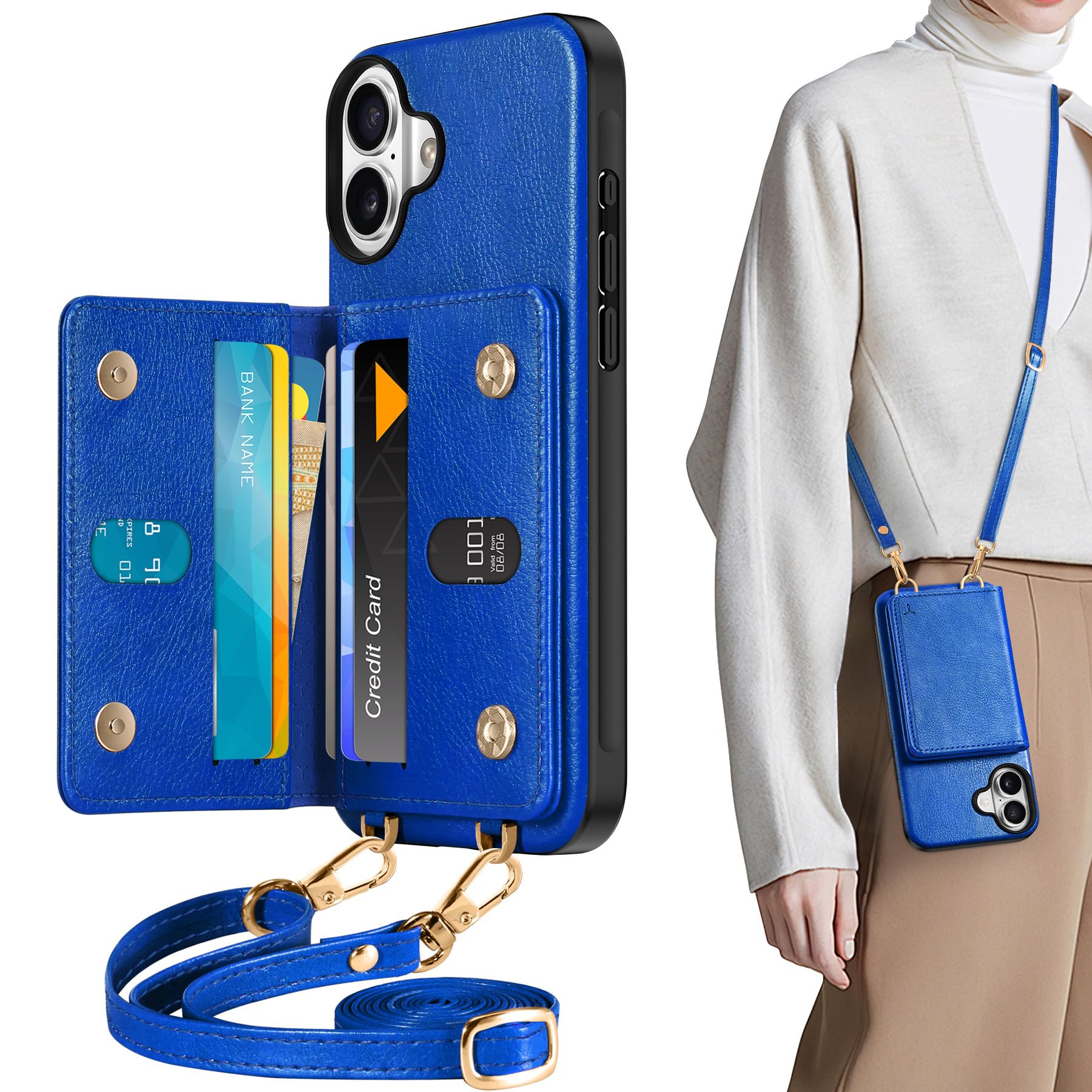 TUCCH iPhone16 Plus 対応 ケース 背面手帳型 ショルダー ストラップ付き アイフォーン16プラスケース PUレザー [RFIDブロッキング] 6つポケット 取り外し不可 財布型 肩掛け 斜め掛け TPU素材 衝撃吸収 あいふぉん16プラ