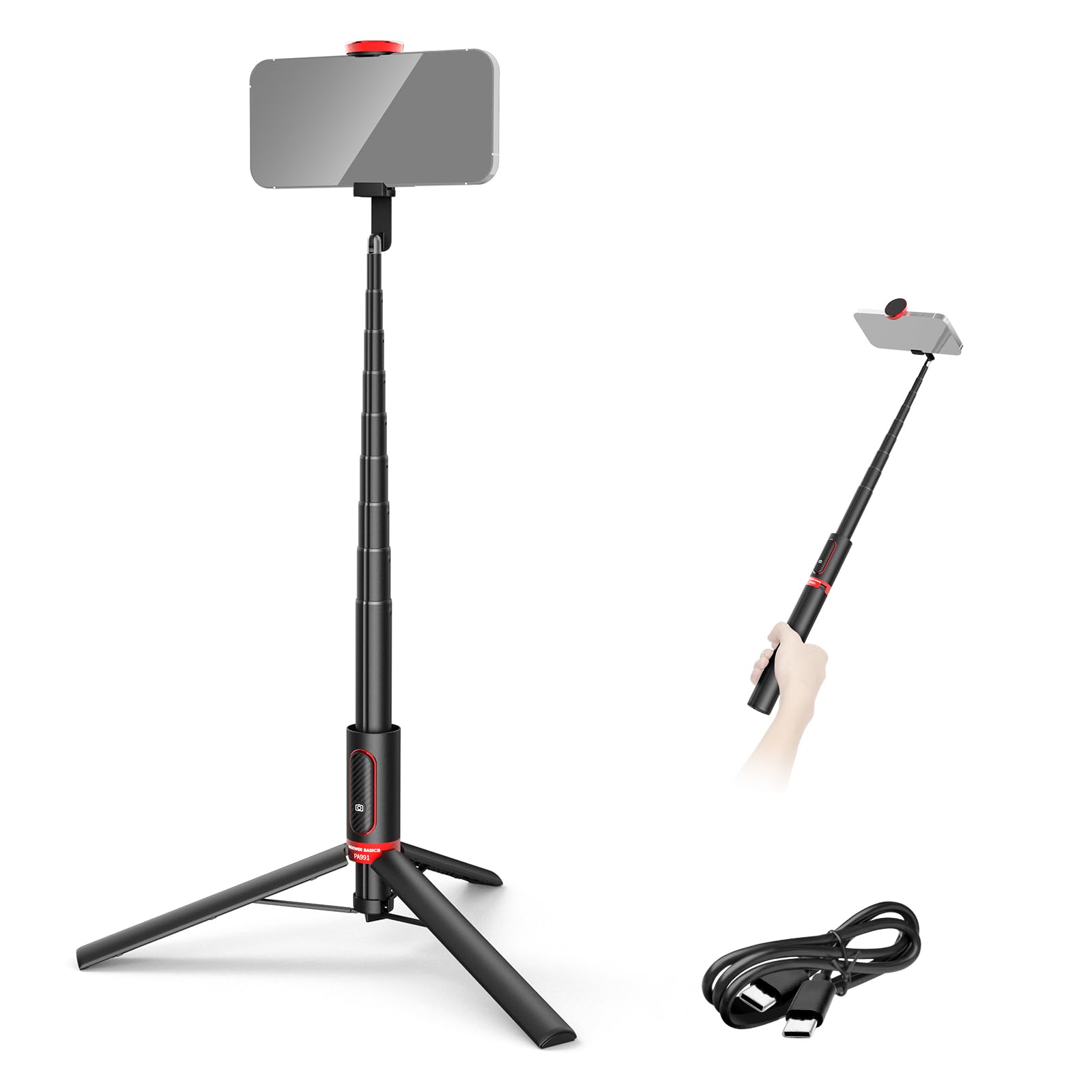 楽天SelectSHOP 岐阜 楽天市場店NEEWER BASICS 147cm 三脚スタンド スマホ用 自撮り棒三脚 金属製 ポータブル 軽量 トラベル三脚 伸縮可能 旅行用スマホスタンド ホルダーマウント&リモコン付き コンパチブル iPhone/Android/Galaxy S25/S24/