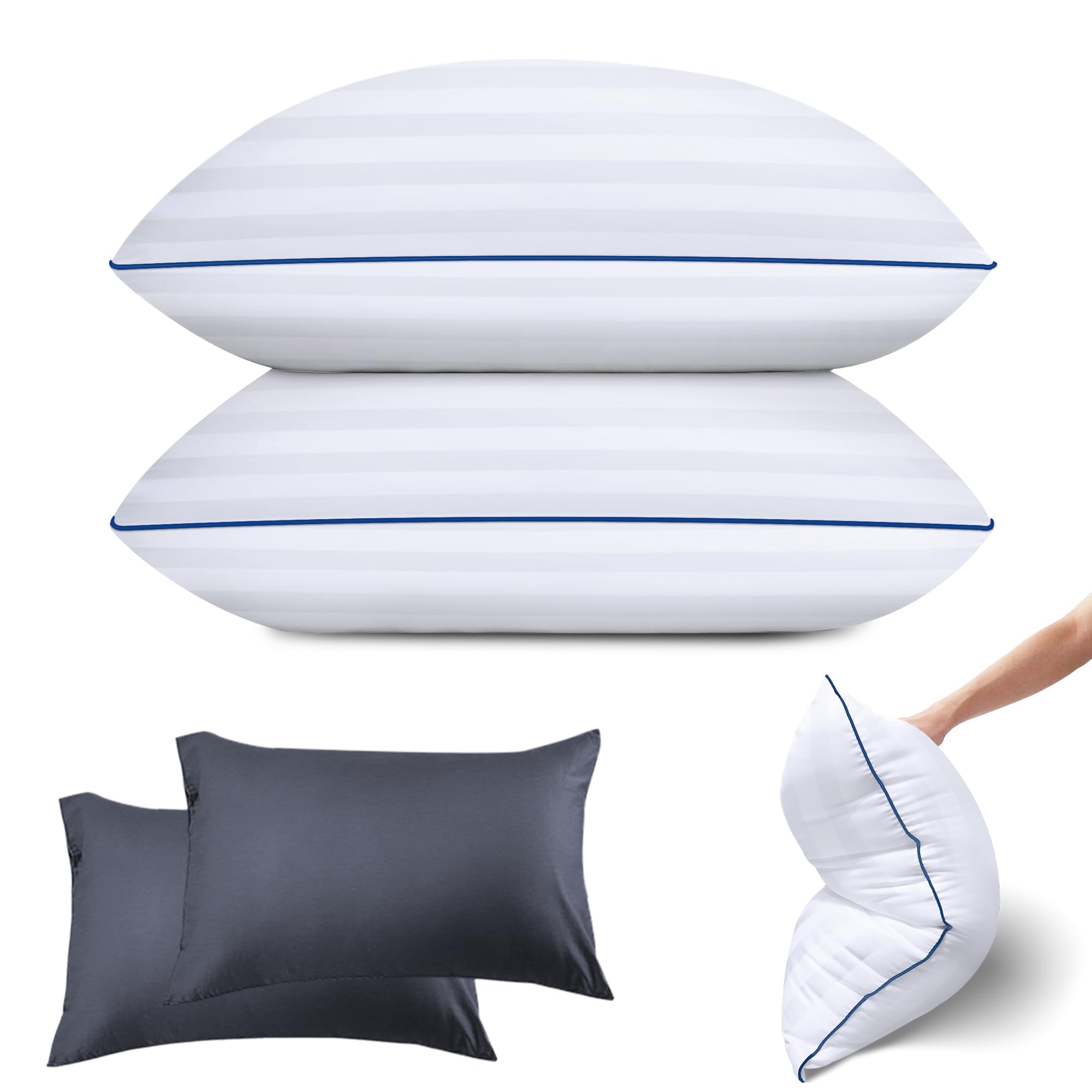 【.co.jp限定】枕 まくら VOTUDX ベッド枕 ホテル仕様 通気性 肌触り良い 高反発枕 柔らかい 横向き対応 仰向き うつ伏せ寝 丸洗い可能 両面 美しいストライプ模様 ホワイト 63*43*20cm 寝具枕 白い（2つの枕)グレー 枕カバー2個