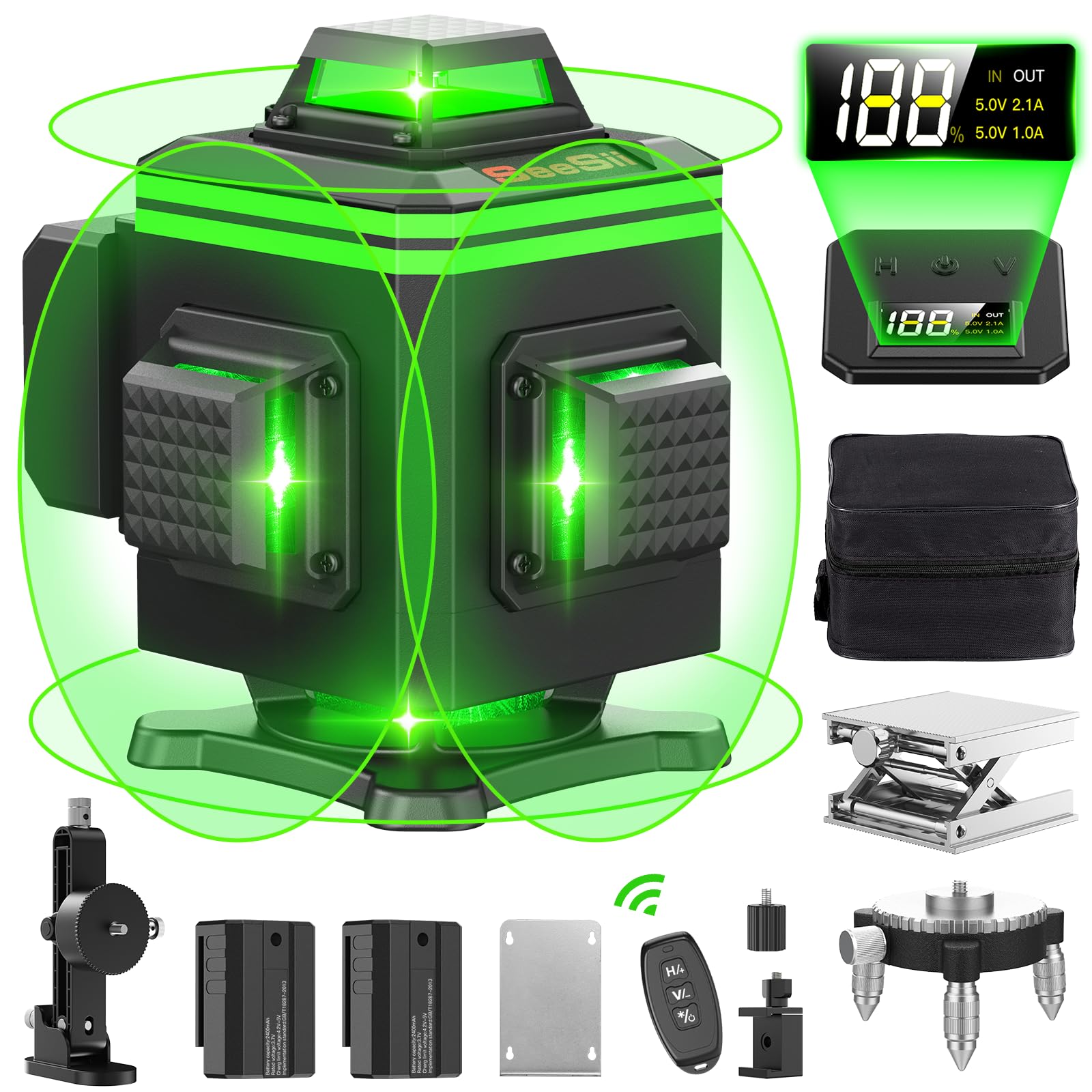 【2025最新改良】Seesii レーザー墨出し器 グリーンレーザー 水平器 4x360° 16ライン フルライン 電量LCDディスプレー搭載 レーザーレベル 水準器ツール 緑色 回転レーザー線 小型 コンパクト 自動補正 高輝度 高精度 高出力 受光器対