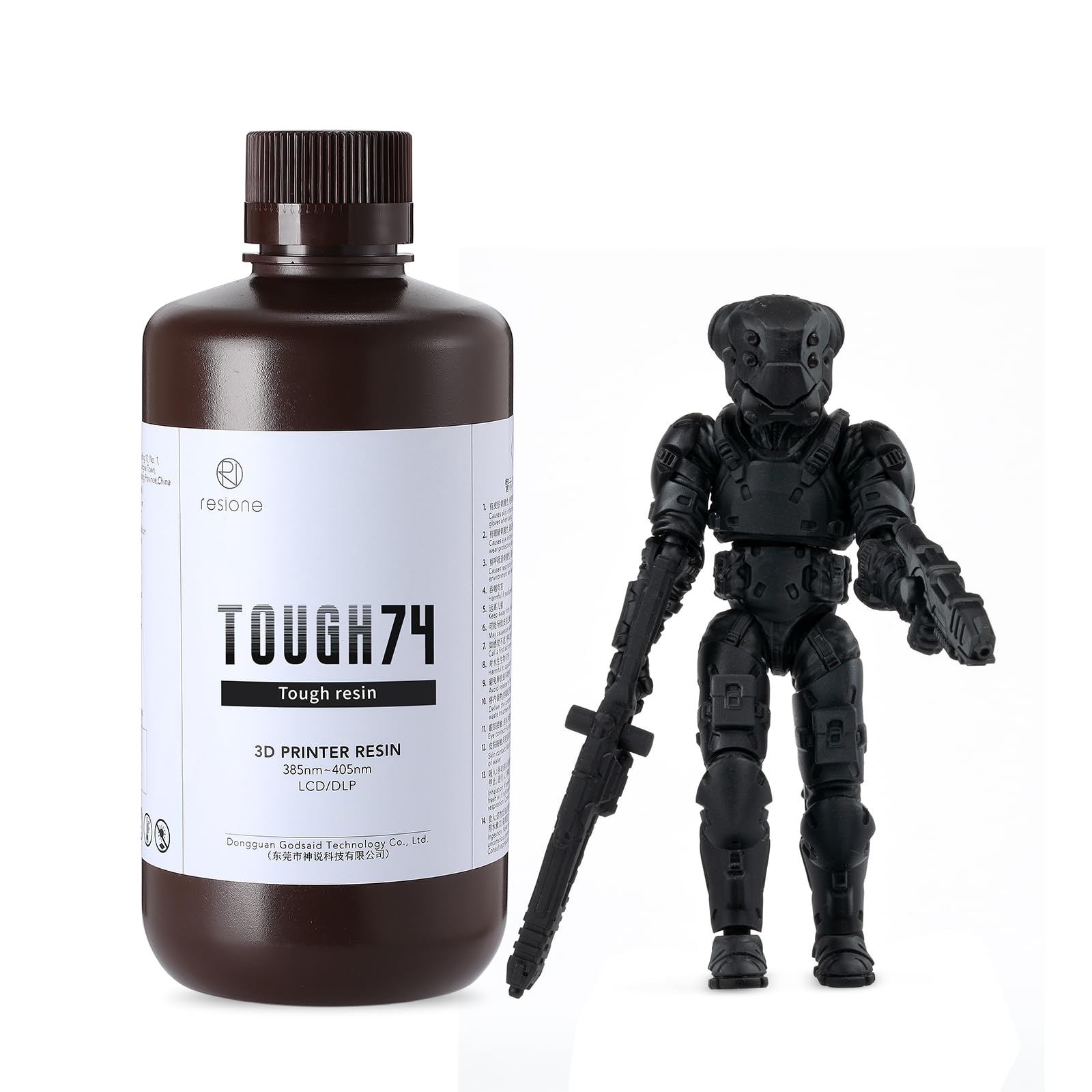 ・【剛性と靭性を兼ね備え、耐摩耗性と耐久性に優れる】RESIONE Tough74は、優れたノッチ衝撃強度と破断伸び率などの靭性指標を持ちながら、曲げ強度や引張強度といった剛性指標も劣らない堅牢な材料です。さらに、表面が滑らかで耐摩耗性があり、低収縮と耐疲労性も備えているため、長期間の摩擦によって関節が粉つきにくく、緩み、破裂しにくい。モデリング時には、関節の噛み合わせ位置に約0.05mmのサイズの隙間を設けることをお勧めします。・【表面が滑らかで洗・しやすい】Tough74の配合は特別に設計されており、これを使用して作成されたモデルは表面が滑らかで精密なディテールを失うことなく、造形物が洗・しやすいです。洗浄後の表面はベタつかず、反射しにくく、従来の製造製品と同じような質感を持っています。・【造形の時の剛性が良好で、失敗が少ない】Tough74は剛性と靭性を兼ね備えており、造形の中にモデルやサポートの剛性が十分で、引き伸ばされて変形したり、移動したりすることが少なく、他の靭性材料での造形不良率が高い問題を回避できます。ミニチュアやフィギュアパーツのような小さなモデルをプリントする際、この材料は細かいサポートを追加することを可能にし、モデルへの損傷を軽減し、仕上げ時間を節約し、より高品質なプリント結果と生産効率を得ることができます。・【耐衝撃性のあるボードゲーム用ミニチュアに適しています】堅牢で耐久性があり、優れたディテールと高い表面光沢を持つ特性により、Tough74はボードゲーム用ミニチュアの3Dプリントに適切な材料となっています。塗装や取り扱い時に、偶然の落下による損傷を心配する必要がなく、ゲーム体験が大幅に向上します。ただし、ミニチュアをプリントする際には0.02~0.03mmではなく、0.05mmの層厚を使用することをお勧めします。そうしないと、プリントの難易度が大幅に上がります。・【堅牢な可動フィギュアに特に適している】耐摩耗性、堅牢で耐久性があり、低収縮性という特性に加え、優れた表面品質を持つため、Tough74は可動フィギュアの製造に適切な材料です。これを使用してプリントされた関節構造は長期間にわたってしっかりと締まり、適度なダンピング感があり、フィギュアのポージングが自由にできるため、可動フィギュアの遊びやすさと楽しさが大幅に向上します。