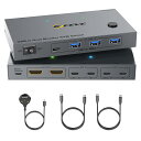 KCEVE デュアルモニター USB-C USB3.0 KVMスイッチ 2入力2出力 ノートPC用 4K@60Hz KVM切替器 Type-C 100W PD充電、パソコン切替器 2台 Type-C、2台のモニターと1組のキーボード マウスを共有できる、手