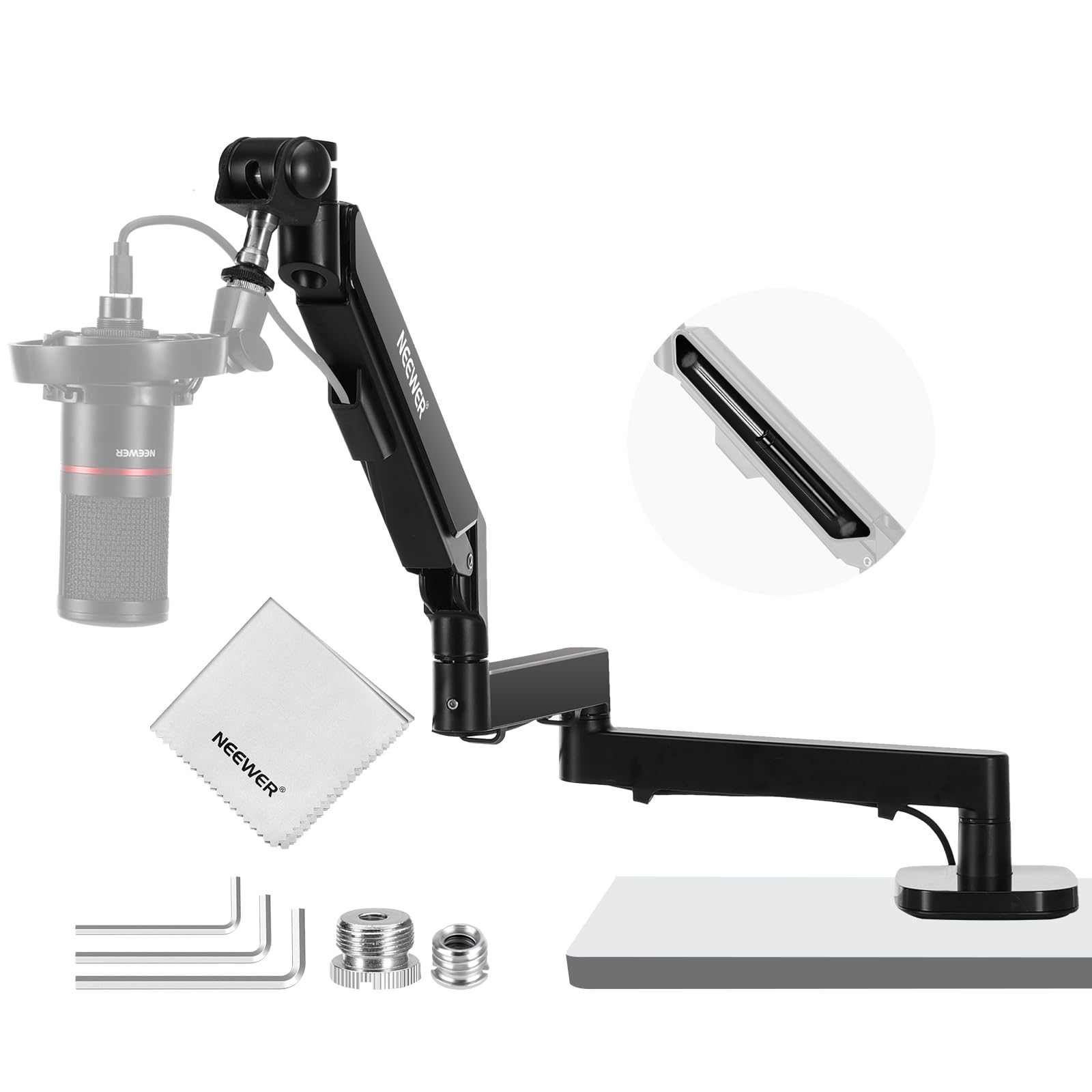 NEEWER マイクアームマウント 卓上用 ロープロファイル 360°回転 関節式ブームアーム 調整可能 空気圧ダンピング/ケーブルマネジメント/クリーニングクロス付き 卓上マウントホルダー コンパチブル MV7 SM7Bマイクロホン ゲーム/生放送/ポッ