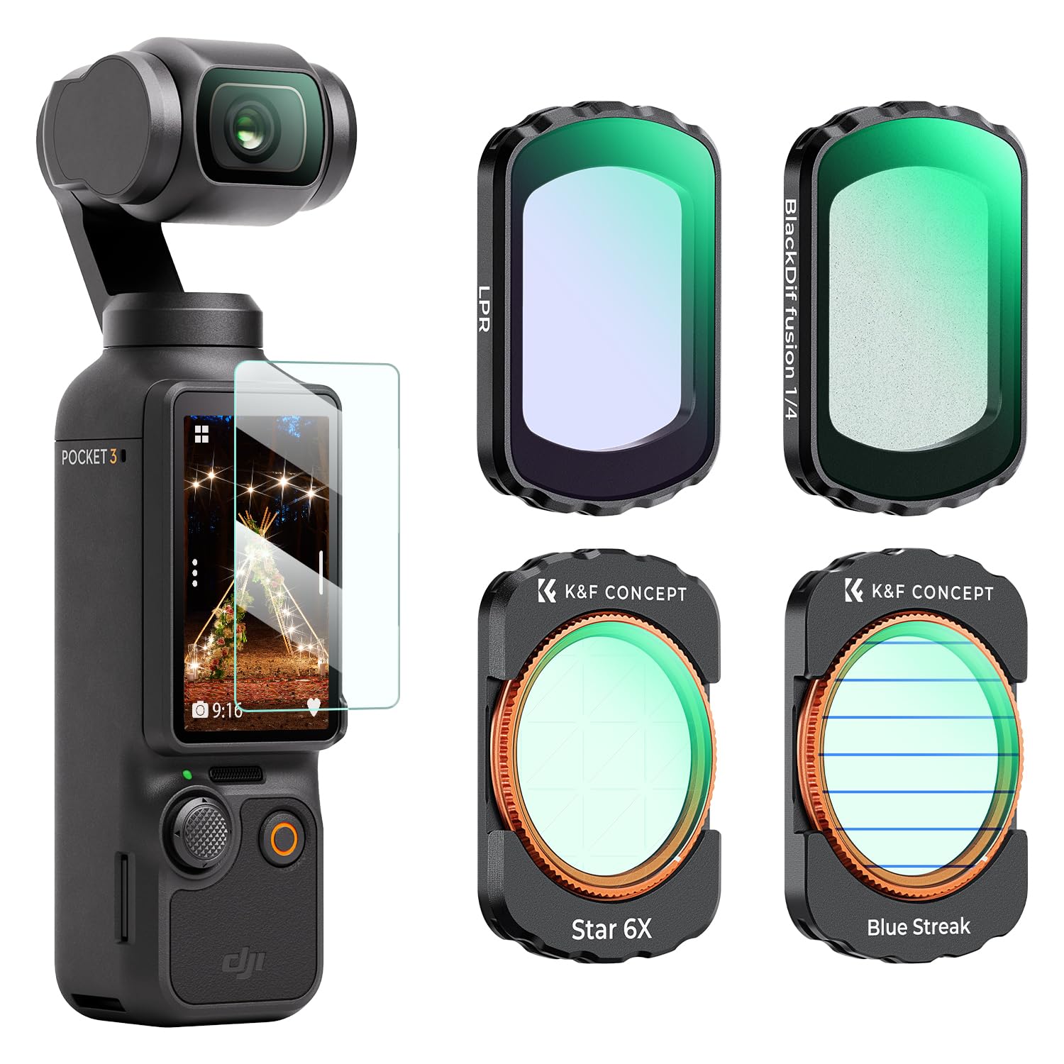 K&F Concept DJI OSMO Pocket 3用 レンズフィルターセット (1/4ブラックミスト+ブルーストリーク+光害..