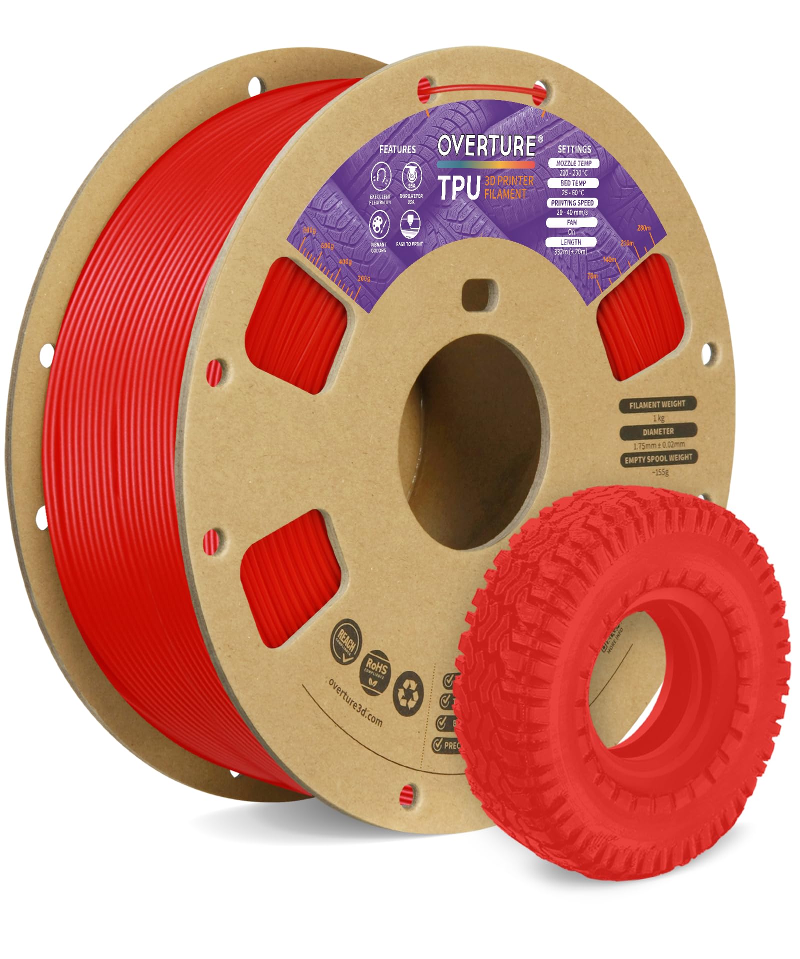 Rakuten - OVERTURE TPUフィラメント1.75mm、柔軟なTPUロール、95Aソフト3Dプリンターフィラメント、1kgスプール（2.2ポンド）、寸法精度+/- 0.02 mm(TPU レッド)