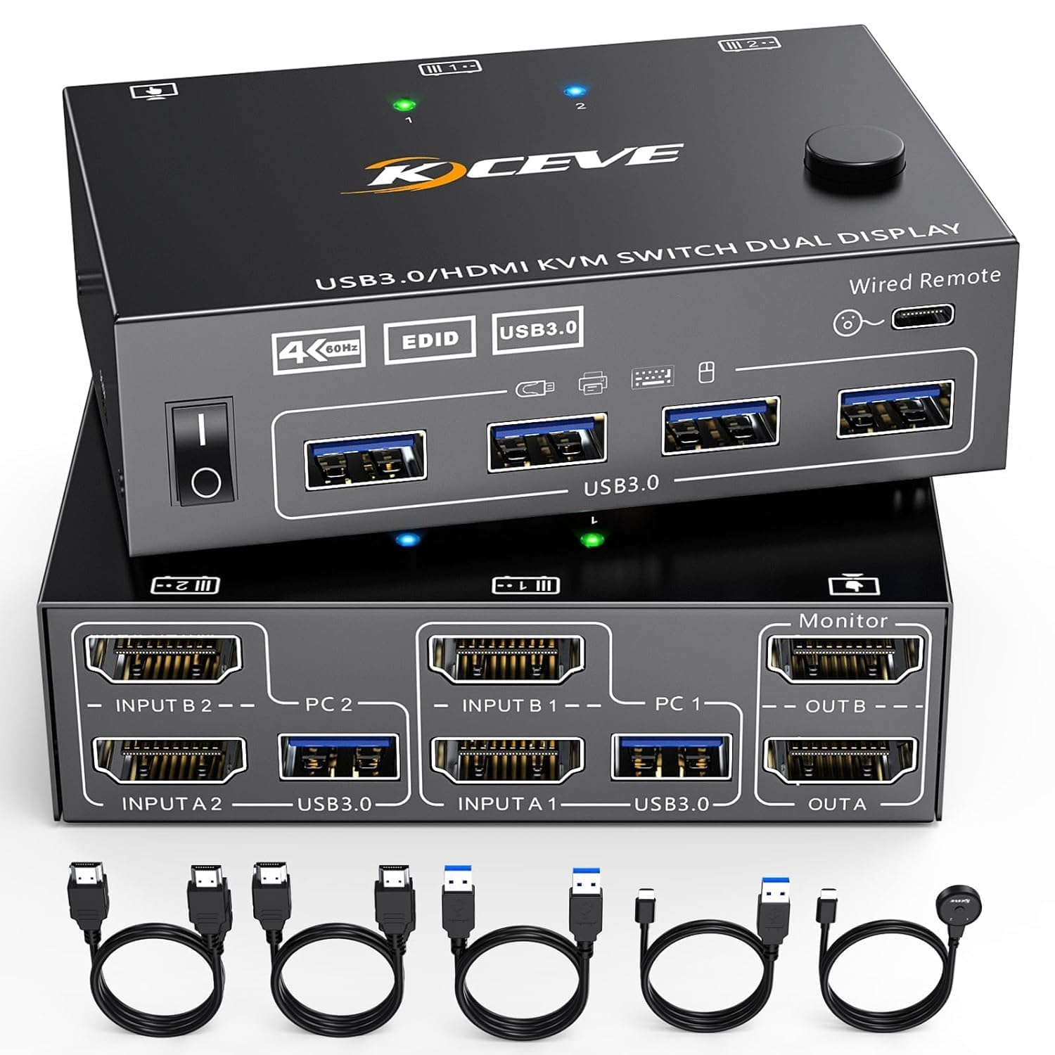 KCEVE KVMスイッチ HDMI入力、4K@60Hz、EDIDエミュレーション搭載、USB3.0ポート×4、2PC間でキーボード マウス デュアルディスプレイを共有、ドライバー不要、手元スイッチ付き