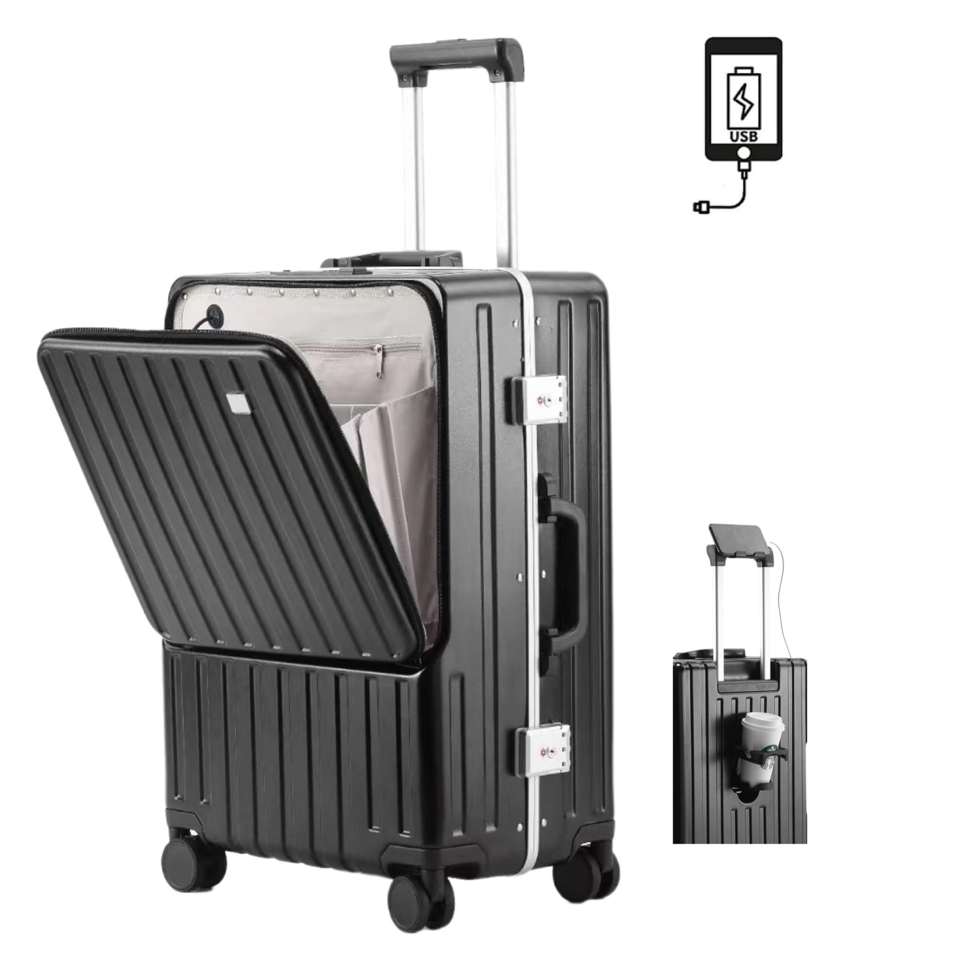 [Yuweijie] スーツケース フロントオープン 機内持ち込み usbポート付き キャリーケース 人気 かわいいキャリーバッグ カップホルダー付き アルミフレームタイプ ハード 前開き パソコン収納ポケット 荷物フック 携帯電話ホルダー付き 充電機能付