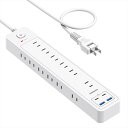 延長コード 2m USB付き電源タップ 12個AC口 4個USB( 2個Cポート+2個Aポート) コンセント 一括スイッチ付き タコ足配線 テーブルタップ 個別スイッチ 雷ガードランプ付き マルチタップ スイングプラグ 壁掛け/卓上に 白 NVEESHOX