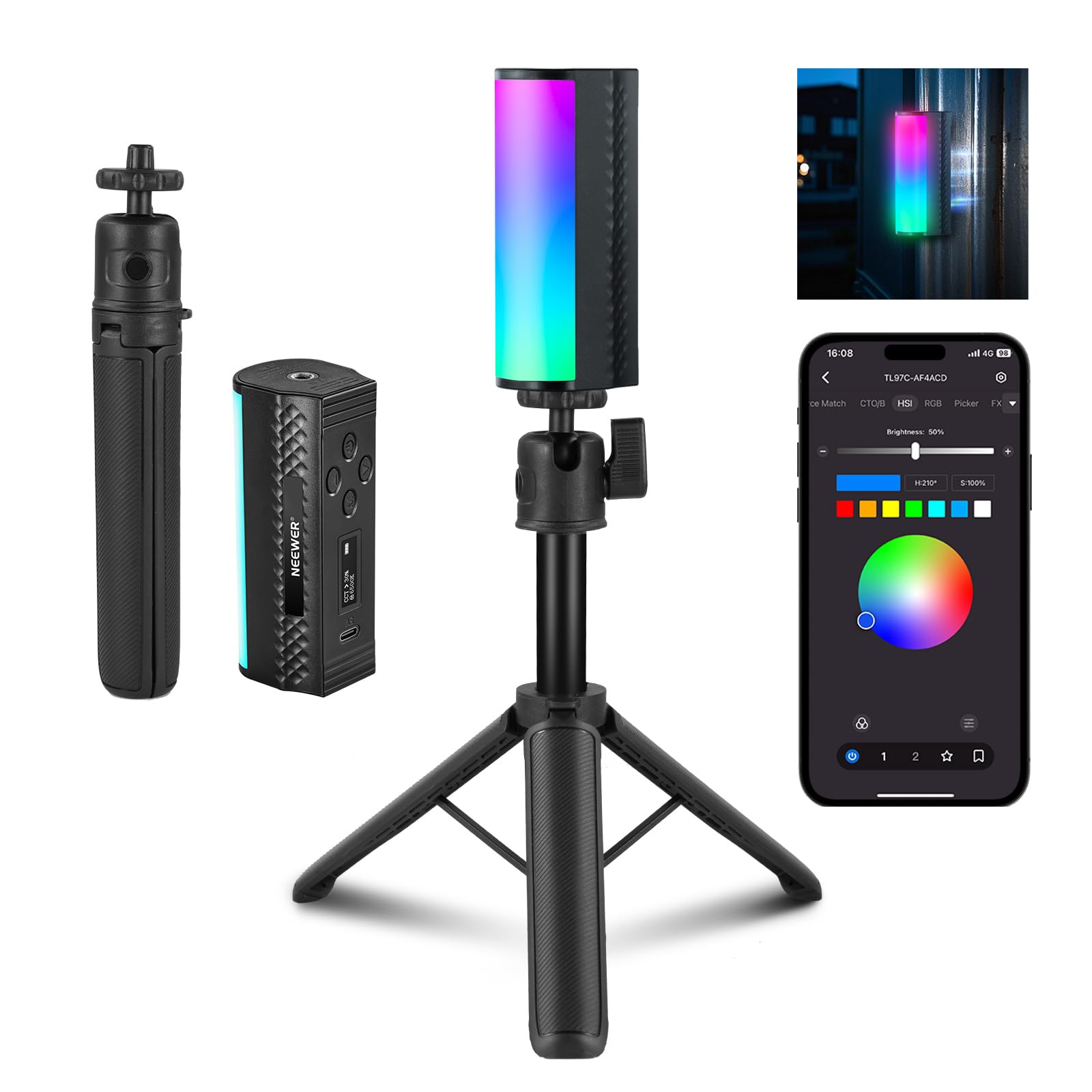 Rakuten - NEEWER 10cm スティックライト マグネット式 デスク三脚付き APP制御 手持ちハンドヘルド 360°フルRGB撮影用ライト LEDビデオライト 2550mAh電池 2500K-8500K 調光可能 CRI 97 17シーン効果 TikTok/Y