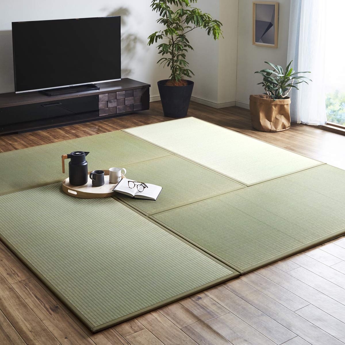 Rakuten - イケヒコ い草 ユニット システム畳 置き畳 5枚繋いで 約4畳半 AGURA ヘリの色：ナチュラル 約82×164・/枚 4枚入り 約82×82・/枚 1枚入り 軽量 抗菌防臭効果 クッション性 和空間 日本製 無地 シンプル 年間 通年 ＃111023