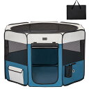 Petsfit 折りたたみサークル 八角形 プレイサークル 犬猫兼用 猫の分娩室 メッシュ 屋根付き 屋内 屋外 収納バッグ付き Lサイズ ツートンカラー ブルー ホワイト