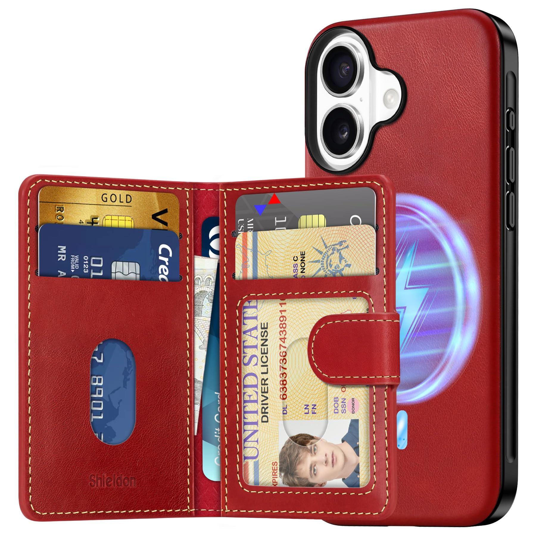 SHIELDON iPhone 16 対応 ケース 本革レザー 磁気吸着ウォレット 分離可 6枚カード収納 [RFIDブロッキング] 磁気充電可 ベーシックケース 背面保護 あいふぉん16 対応ケース 滑り止め 軽量 指紋防止 カメラ保護 携帯便利 アイホ