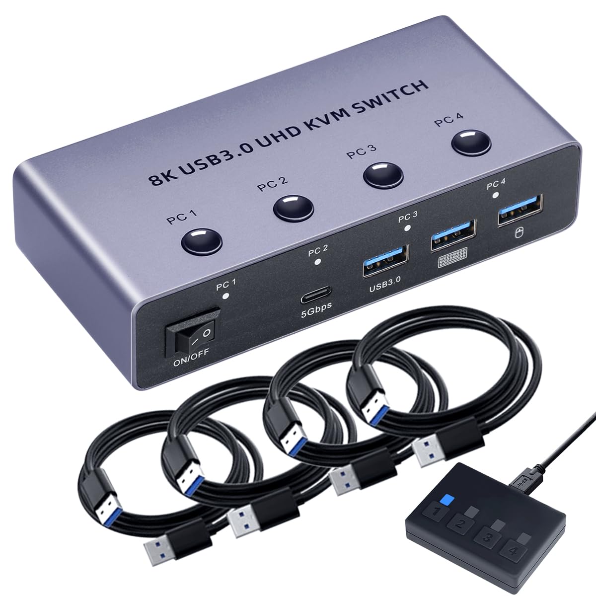 ELEVIEW 8K60Hz KVMスイッチ 4ポート HDMI2.1 4K120Hz対応 アルミ製 HDMI2.1 USB3.0 切替器 PC4台 ドライバー不要 簡単接続 手元切替 USBケーブル付き EHD-810N