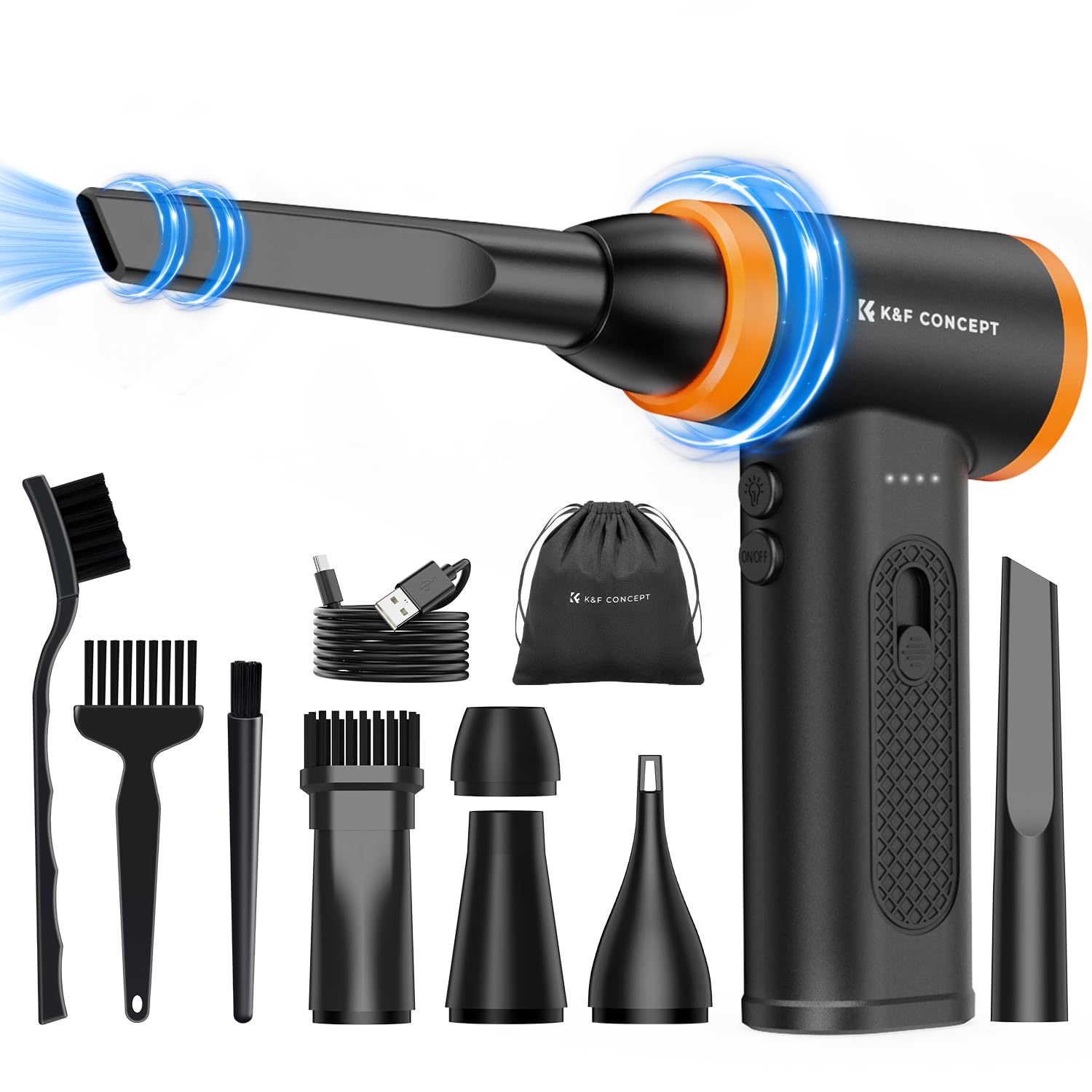 K&F Concept 電動 エアダスターブロワー 超強力120000RPM高速回転 5種類ノズル搭載 無段階風量調整 5000mAh大容量バッテリー USB Type-C充電式 残量表示 LEDデザイン 3本除電ブラシ付き 初心者に対応 PC掃除/キーボ