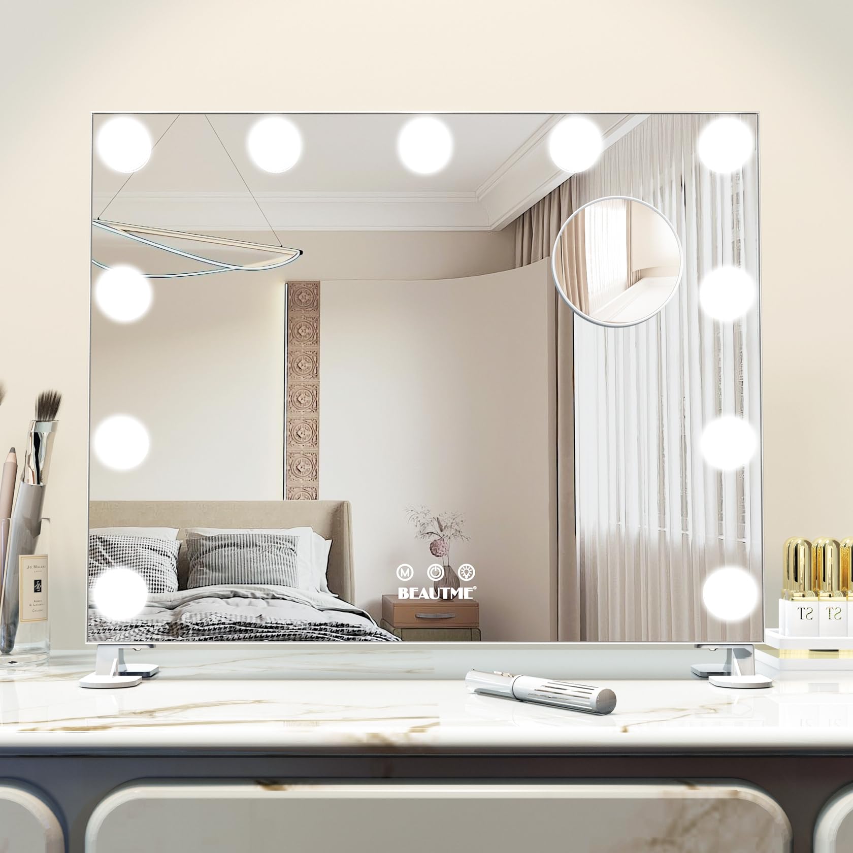 BEAUTME 卓上ミラー 女優ミラー 化粧鏡 3色ライトモード 明るさ調整 LED電球11個付き ハリウッドミラー..