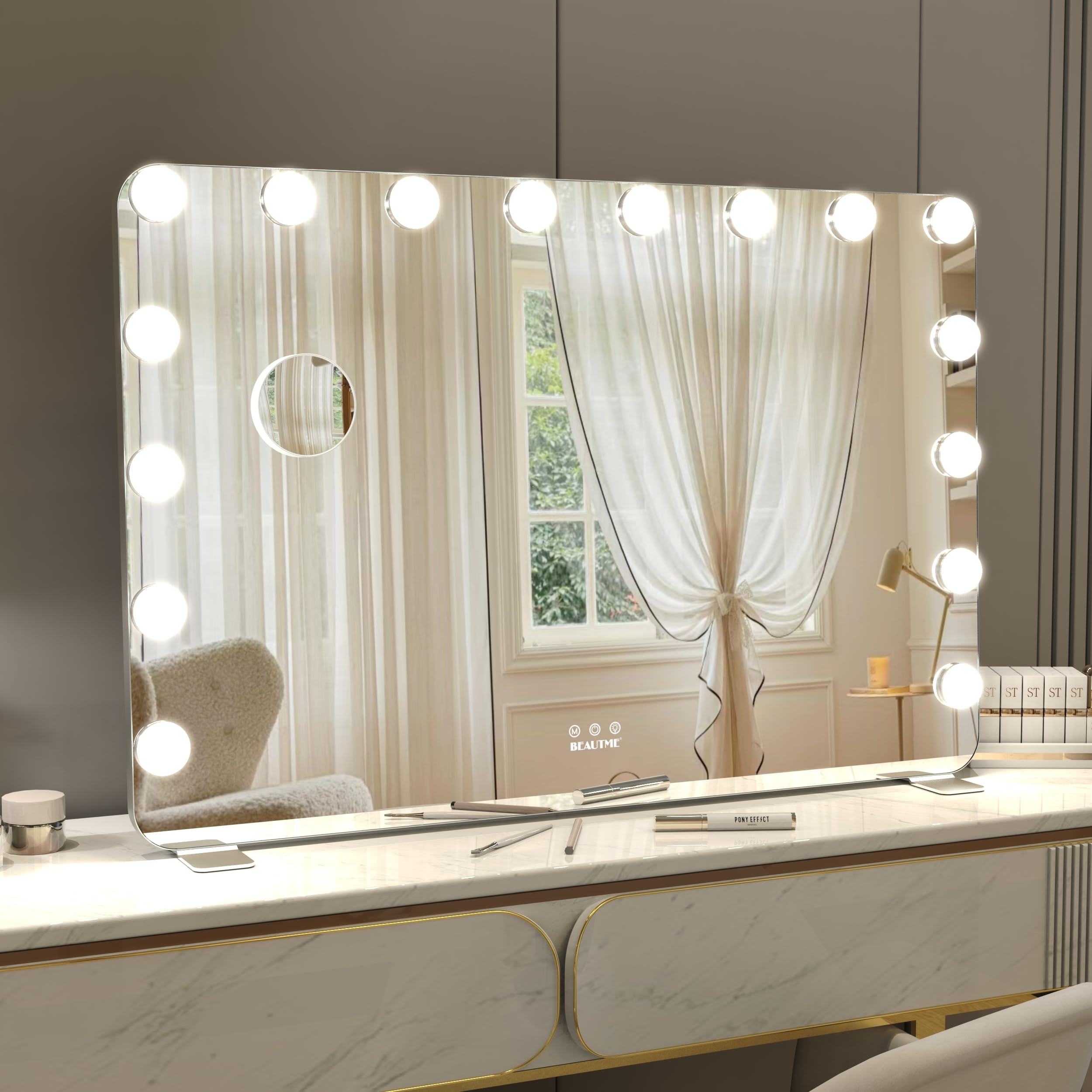 BEAUTME 卓上ミラー 女優ミラー 化粧鏡 3色ライトモード 明るさ調整 LED電球16個付き ハリウッドミラー..