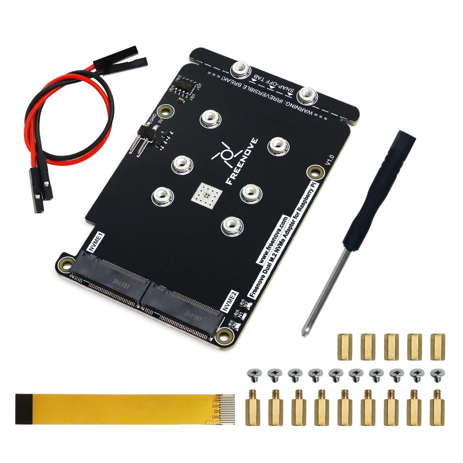 Freenove デュアル M.2 NVMe SSD HAT Raspberry Pi 5、M.2 アダプター AI HAT 2 スロット NAS RAID キット、ソリッドステートドライブサイズ 2230 2242 2260 2280、PCIe 2.0
