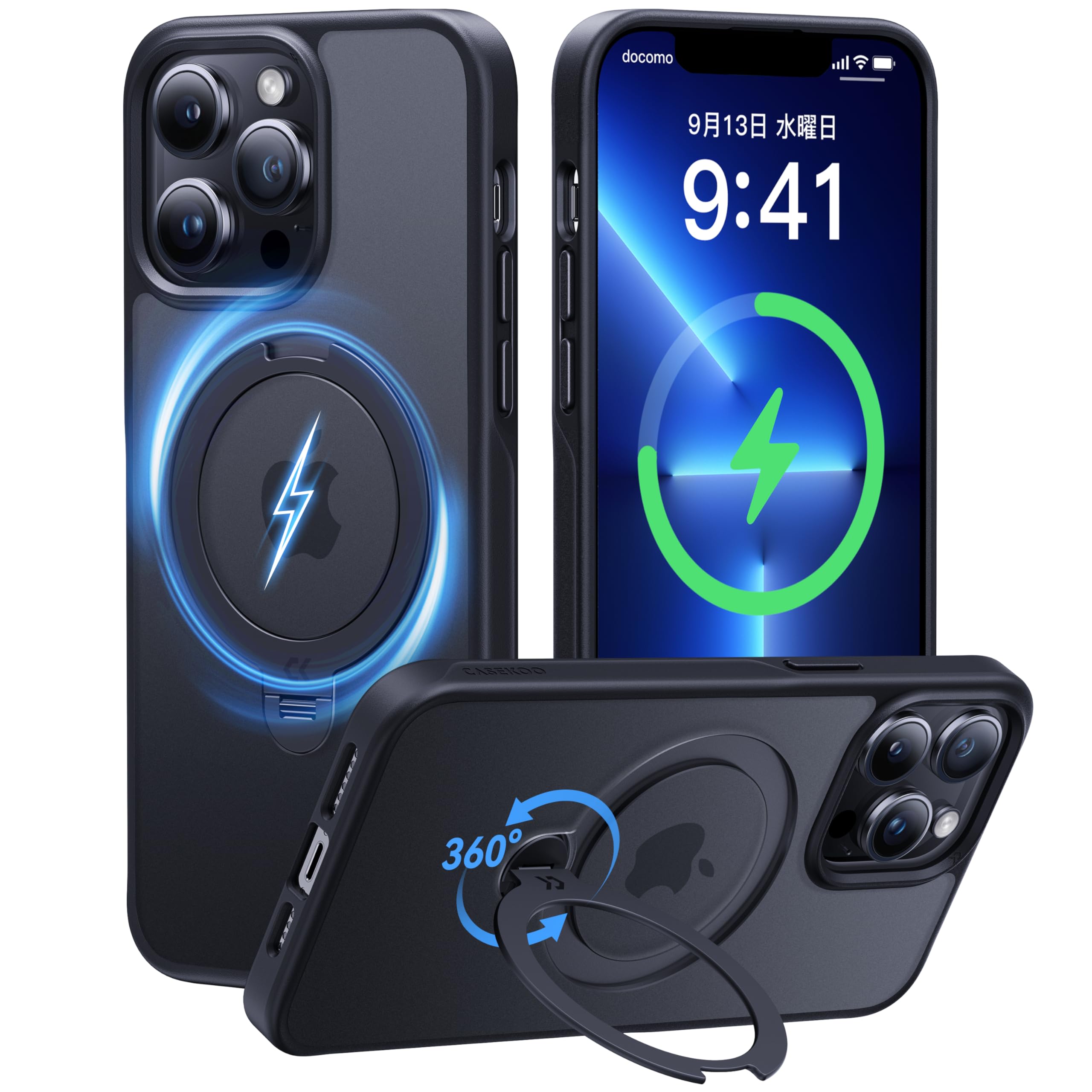 Rakuten - 【2025最高傑作&定点360度回転】CASEKOO iPhone 13Pro Max 用 ケース 超強磁力 米軍MIL規格 耐衝撃 高耐久性【横縦両立・角度調整】指紋防止/マット仕上げ/黄変防止/薄型半透明 スマホカバー レンズ保護 ラップホール付き ワ