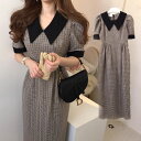 セール レディース ワンピース 夏 半袖 チェック レトロ レディース ロング丈 春 韓国 オルチャン グレンチェック ラウンドカラー Aライン 襟付き 可愛い 大人 エレガント ファッション フォーマル お呼ばれ パーティー 秋 冬