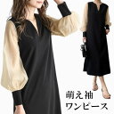 \萌え袖×上品ワンピ/ 大人の抜け感 シースルー袖 ロングワンピース コントラストメッシュ ラッフルネック ビショップスリーブ チュニック 30代40代 きれいめ カジュアル ブラック ベージュ