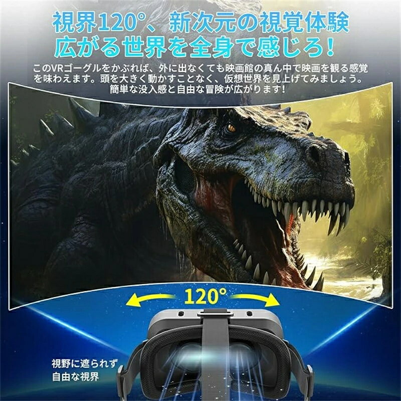 VRゴーグル VRヘッドセット 3Dパノラマ体験 1080P 超広角120°視野角 vrゴーグル スマホ用 非球面光学レンズ 焦点や瞳孔距離調節可能 装着感良い メガネ対応 スマホ vr 通気性 軽量 4.7～7 iPhone&androidなどのスマホ対応