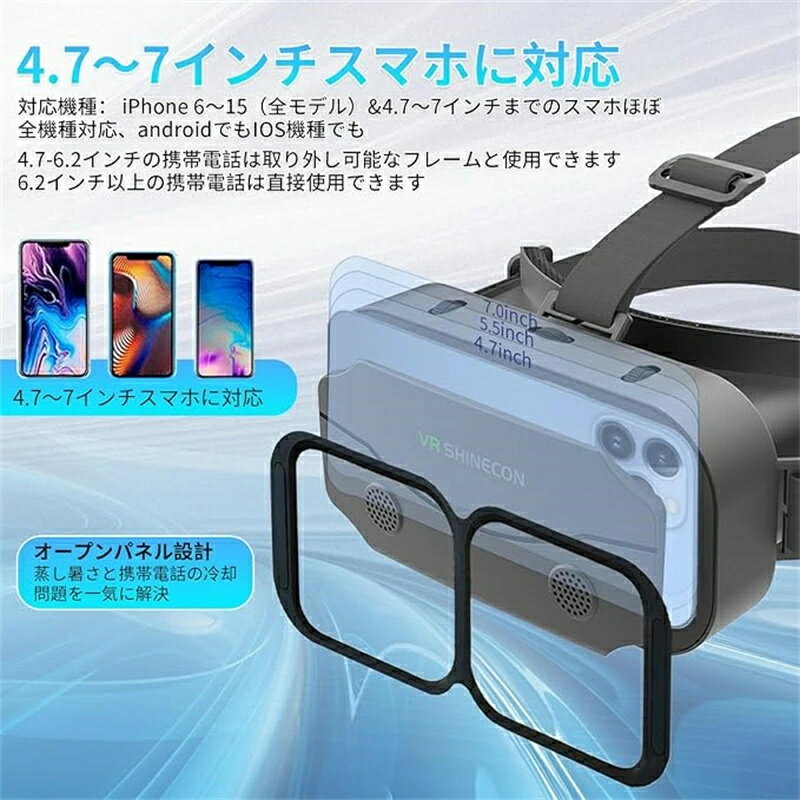 VRゴーグル VRヘッドセット 3Dパノラマ体験 1080P 超広角120°視野角 vrゴーグル スマホ用 非球面光学レンズ 焦点や瞳孔距離調節可能 装着感良い メガネ対応 スマホ vr 通気性 軽量 4.7～7 iPhone&androidなどのスマホ対応