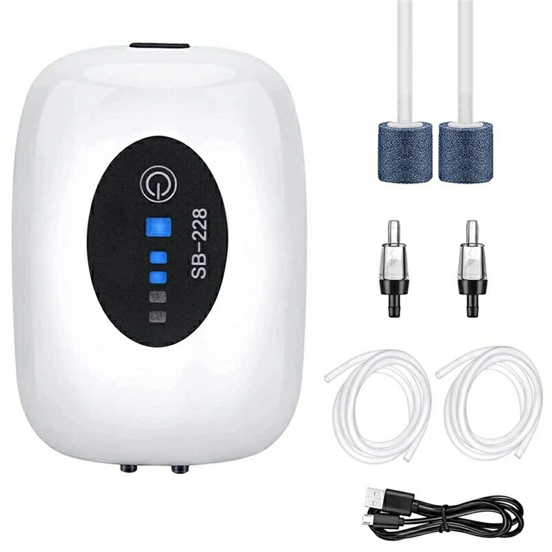エアーポンプ 釣り 水槽 ポンプ 2W USB充電 電池内蔵 静音設計 携帯式 酸素提供ポンプ 連続稼働＆間隔稼働モード 家庭用/水槽/魚屋/養魚場/釣り (二吐出口)