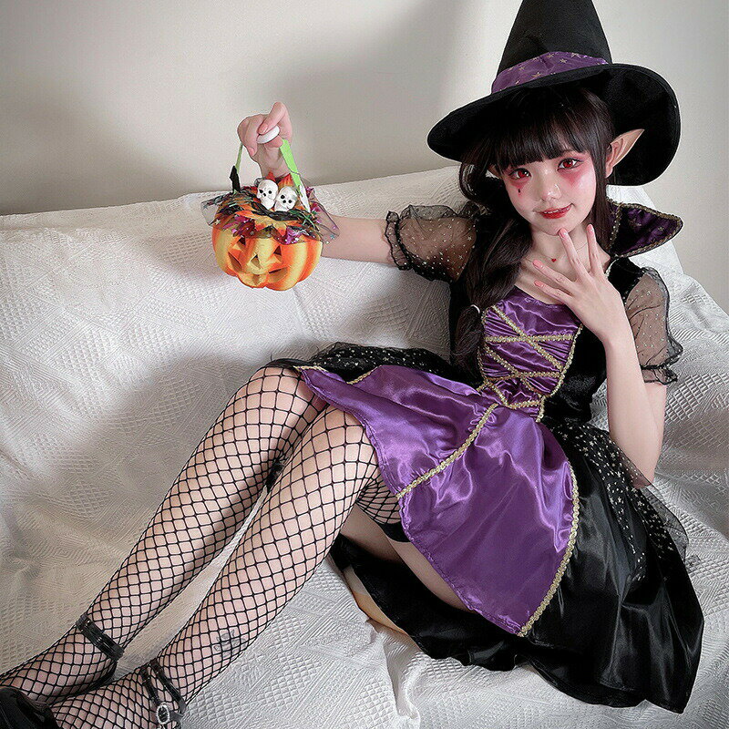 ハロウィーン衣装 レディース ハロウィン 仮装 女の子 魔女 ハロウィン コスプレ ヴァンパイア キャラクター 魔法使い マジック ワンピース パープル 帽子 ...
