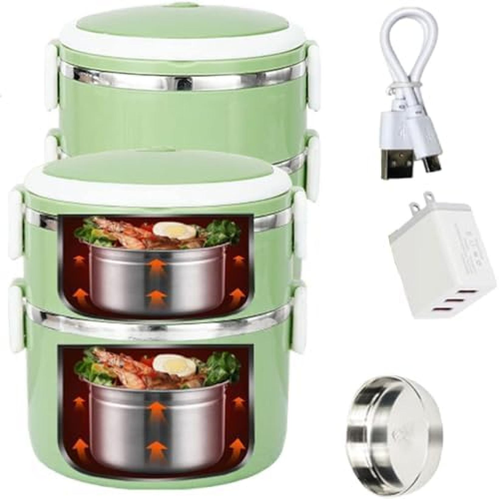 【一年保証】電気ランチボックス 電熱弁当箱 2段式電気加熱式弁当箱 USB加熱 水必要なし 電気弁当箱 保温ランチジャー 静音 無味 304ステンレス鋼 加熱弁当箱 車載用 通勤用 子供用 自宅 会社 健康 安全(3)