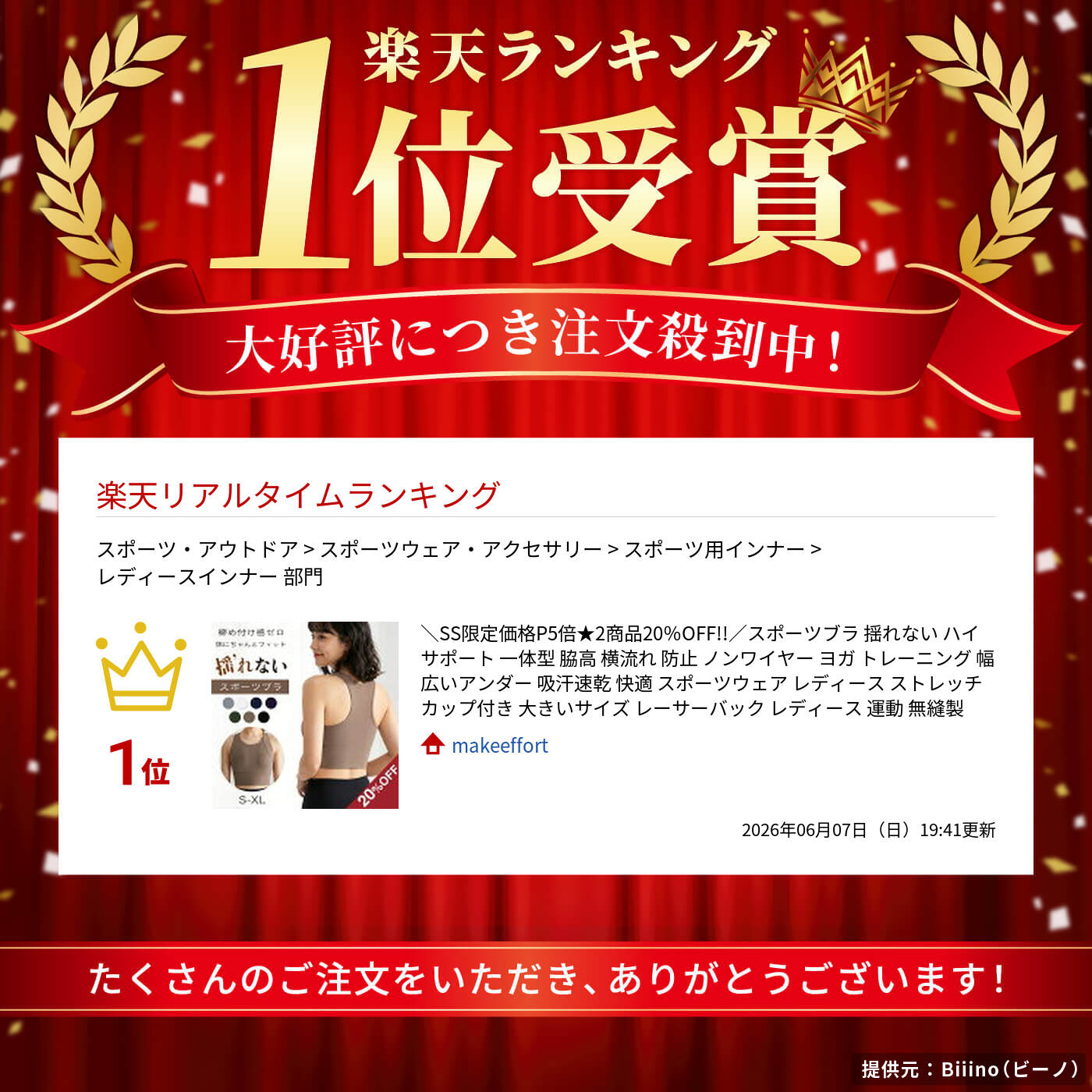 赤字覚悟◆20%OFFクーポン◆ スポーツブラ 揺れない ハイサポート 一体型 脇高 横流...