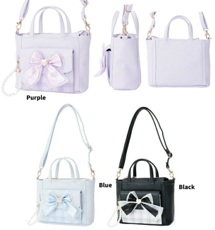 ax【 Coboca+合皮チェックリボンパールストラップ付2WAYショルダー　トートバッグ　トート　ポシェット..