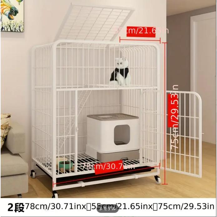 耐久性のある構造、ドア付きの広々とした2段式メタルキャットケージ - 組み立て簡単、複数の猫に最適、頑丈なグリッド構造と滑らかな転がり輪で移動性を高める