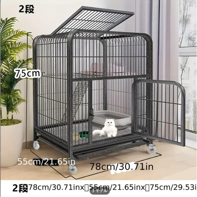 耐久性のある構造、ドア付きの広々とした2段式メタルキャットケージ - 組み立て簡単、複数の猫に最適、頑丈なグリッド構造と滑らかな転がり輪で移動性を高める