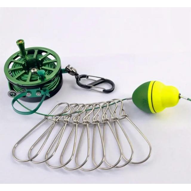 ステンレス製フィッシングストリンガー 伸縮式7メートルライン付き ライブフィッシュロックバックル フロートカラビナ＆キーリング アウトドア釣り具