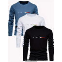メンズ 3枚組 100% コットン 長袖 Tシャツ パリ アップリケ付き カジュアル クルーネック ニットトップス 通気性のあるデイリー&ウィークエン