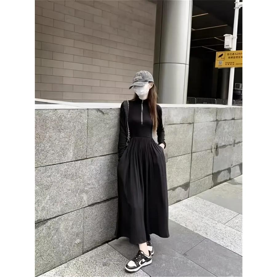 日本人女性向けのスタイリッシュなロングドレス - カジュアルでスリム、オフショルダースリーブ付き、春秋冬のアウトドアウェアに最適。