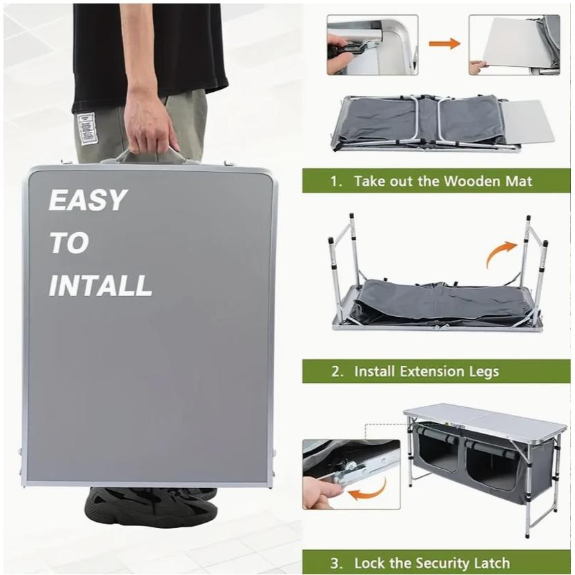 収納キャビネット付きポータブル軽量アルミ折りたたみテーブル - キャンプ、ビーチ、BBQ、ピクニック＆室内使用用のコンパクトな調節可能高さ3段階設計