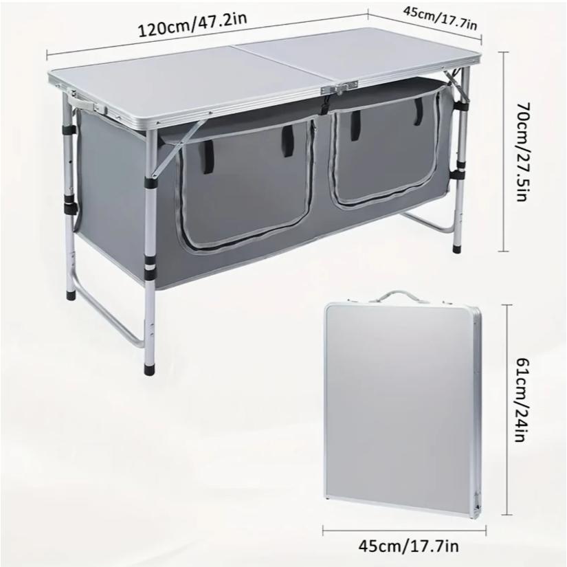 収納キャビネット付きポータブル軽量アルミ折りたたみテーブル - キャンプ、ビーチ、BBQ、ピクニック＆室内使用用のコンパクトな調節可能高さ3段階設計