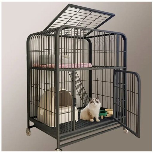 ドア付き特大ブラックアイアン猫ケージ - 簡単組立、耐久性のある金属製屋外用猫用具 ドア付き特大ブラックアイアン猫ケージ - 簡単組立、耐久性のある金属製屋外用猫用具