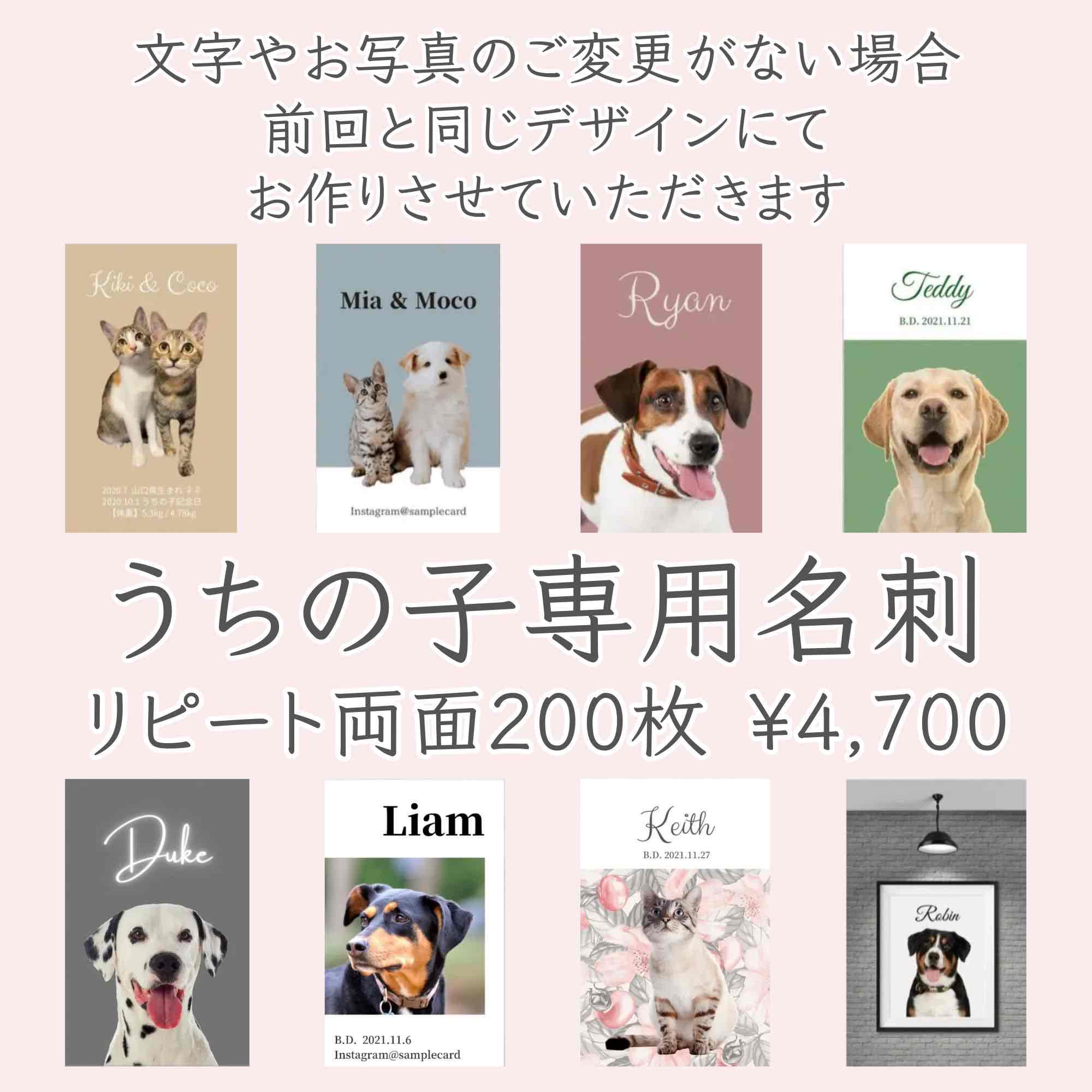 【うちの子専用名刺】 デザイン変更なしでのリピート印刷・両面200枚