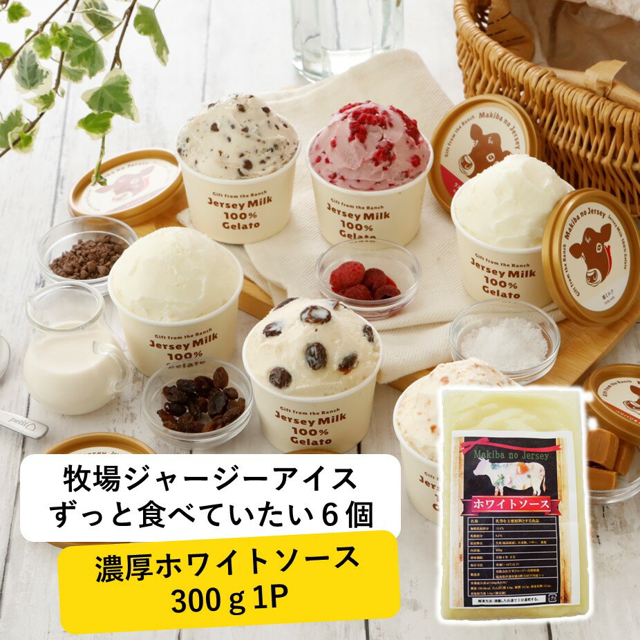 アイス アイスクリーム ギフト 【ずっと食べていたい 6個 と 濃厚 ホワイトソース 300g1P】 箱 業務用 カップ 詰め合わせ お得 ジェラート シチュー まきばのジャージー 牧場 牧場アイス6個とソースセットのサムネイル