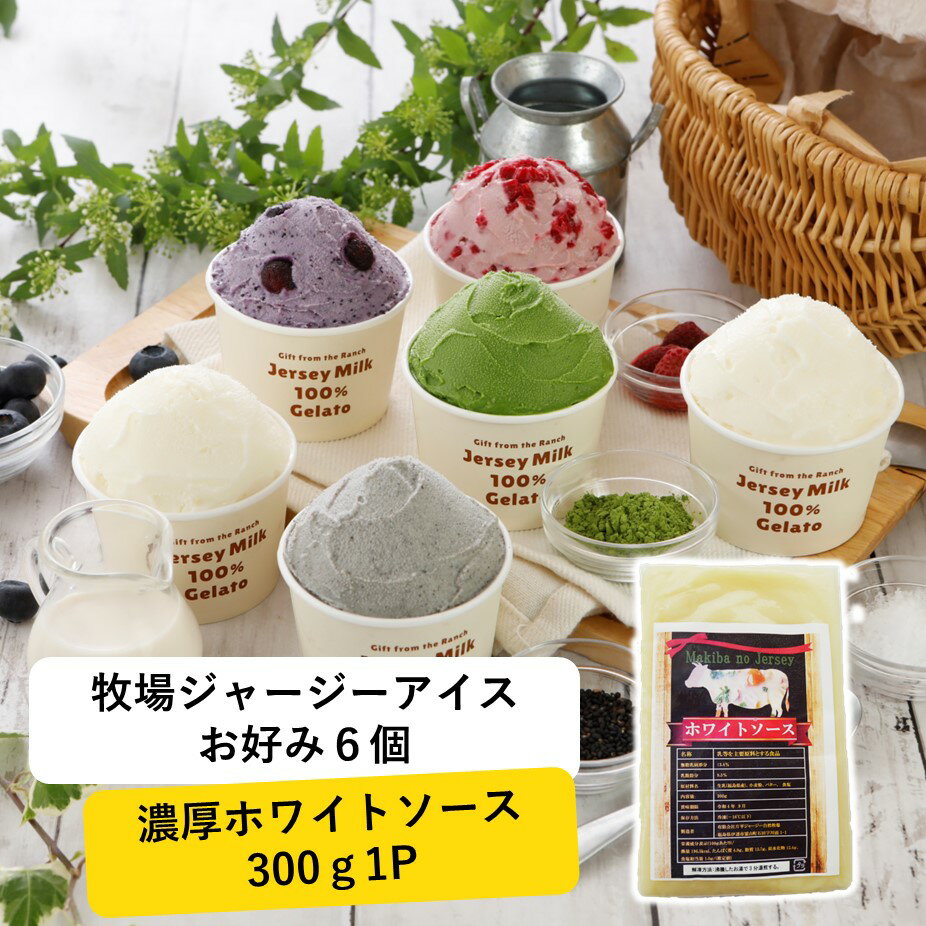 ＼10日20時～半額！2個限定！／ アイス アイスクリーム ギフト 【お好み 6個 と 濃厚 ホワイトソース 300g1P】 箱 業務用 カップ 詰め合わせ お得 大量 高級 福袋 配達 冷凍庫 2023 ジェラート シチュー まきばのジャージー 牧場アイス6個とソースセットのサムネイル