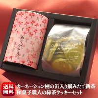 母の日 ギフト 新茶 緑茶スイーツ かわいいカーネーション柄 和紙貼り缶入り 摘みたて新茶 しっとりサクサク緑茶クッキー 和菓子職人手作り お菓子 早割 送料無料 お茶 緑茶 深蒸し茶 静岡茶