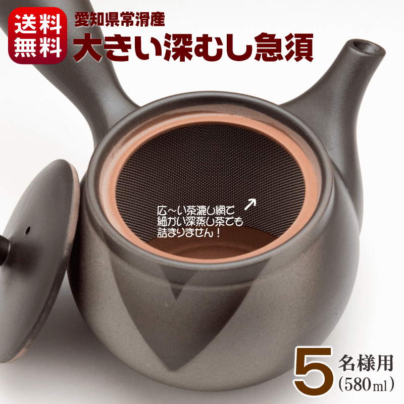 再販しました 急須 大容量 大きい 常滑焼 5名様用 こげ茶 580ml 送料無料 深蒸し茶急須 きゅうす 大きめ 帯網 細かい深蒸し茶でも詰まらない 朱泥原土 鉄分 日本製 サンプル茶プレゼント中