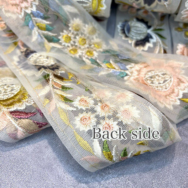 5.5cm幅 インド刺繍リボン メッシュリボン リーフボタニカル柄刺繍ブレード 花柄チ...