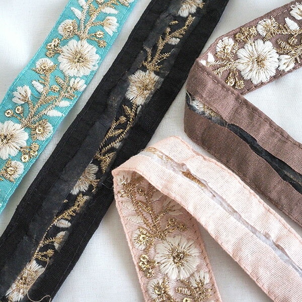 3cm幅 インド刺繍リボン ラメ花柄手芸用リボン 小花柄和柄リボン 中幅チロリアンテ...