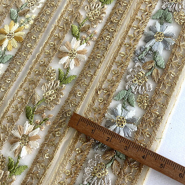 5cm幅 花柄インドゴールド刺繍チュールリボン ラメリボンたんぽぽ桜春色お花刺繍手...